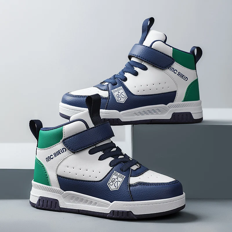 

high top kids sneaker fashion luxury leather boys autumn shoes 2025 new PU leather comfortable tennis sports sneaker for boy
