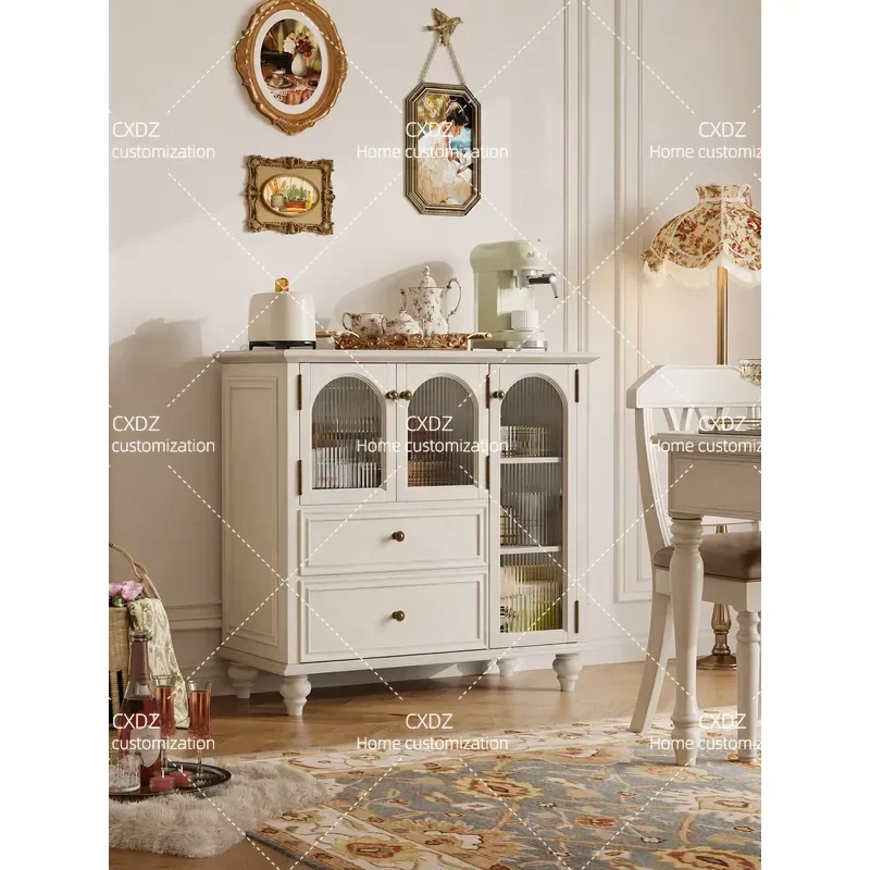 French Cream Style Solid Wood Dining Side Cabinet American White Tea Storage Cupboard Wall Mounted Locker for Small Apartment