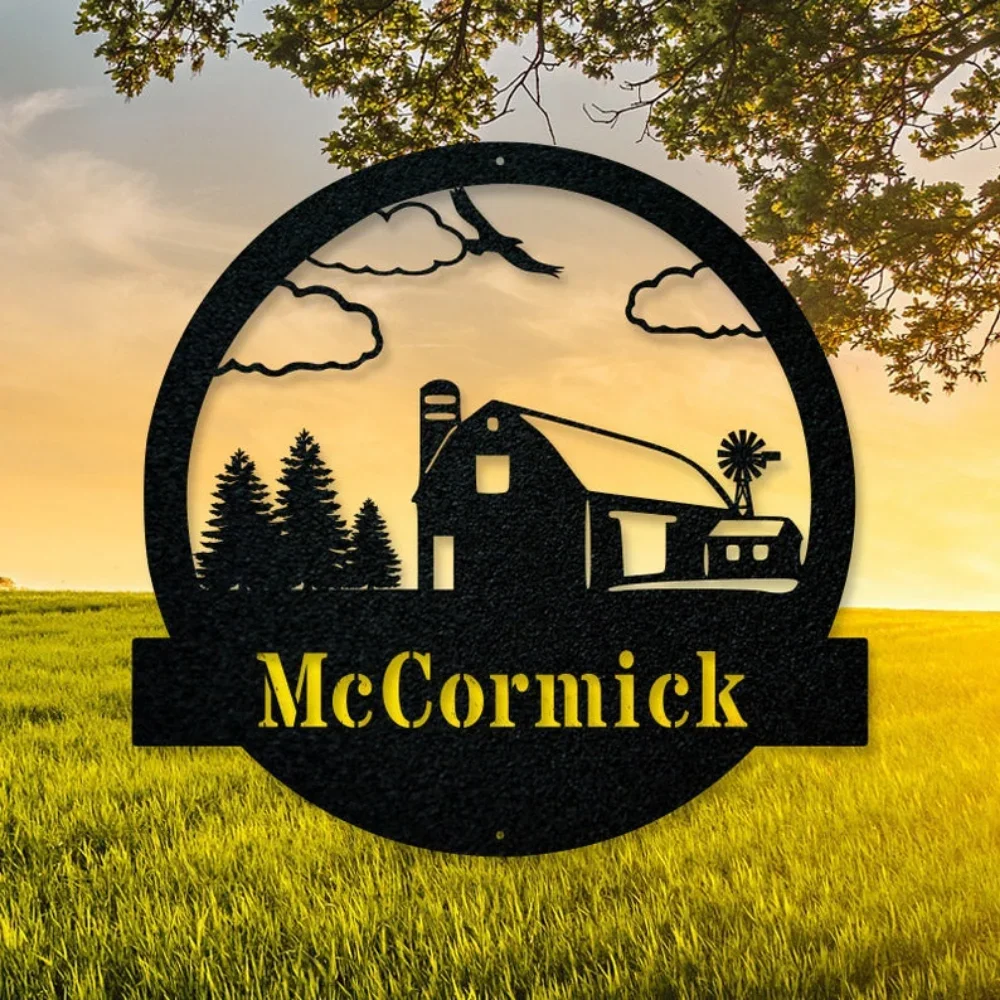 

Personalized Metal Farm Sign Barn Decor Rustic Charm Outdoor Artwork Countryside Style Metalwork Decoration Farmhouse Aesthetic.