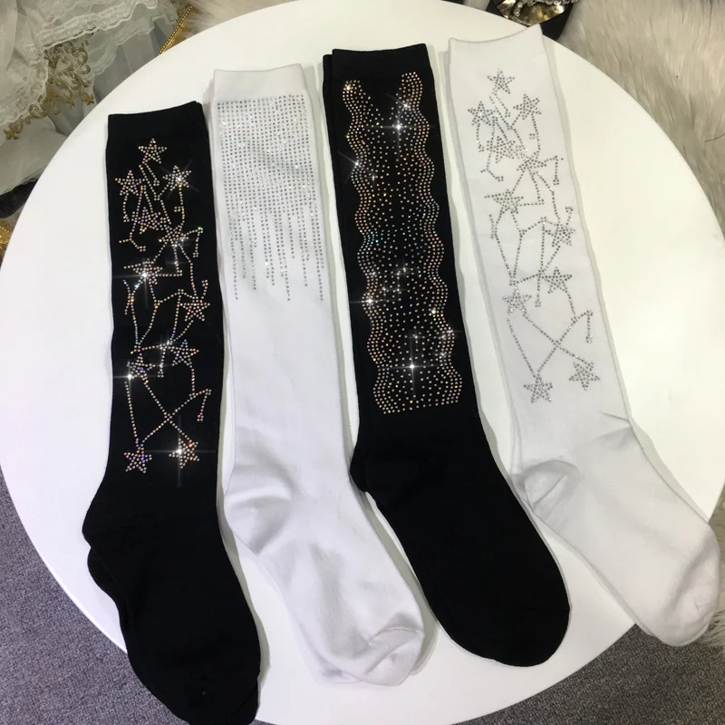 

Blingbling Shiny Hot Drilling Women Socks Babysbreath Rhinestone Black Knitting Cotton Hose Diamonds Female Sports Stockings