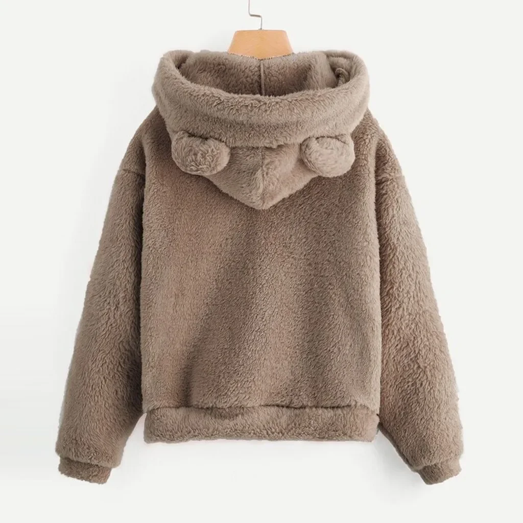 Schattige Beer Oor Sweatshirt Pluizige Teddy Hoodies Vrouwen Kawaii Cap Tops 2023 Nieuwe Herfst Winter Warme Trui Fleece Lange Mouw Jas