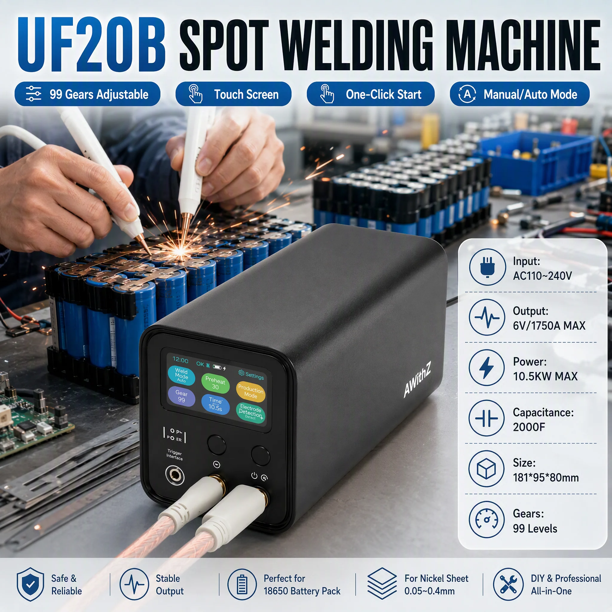 UF20B Punktschweißgerät, 10,5 kW, Punktschweißmaschine mit Super-Farad-Kondensator, 99-stufig einstellbar, 0,4 mm Schweißdurchmesser, für 18650-Lithiumbatterien, DIY-Nickelstreifen, Touchscreen,
