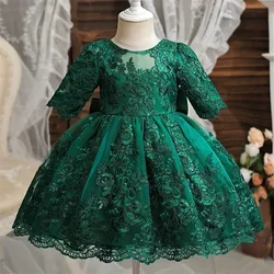 Luxury Dress for Baby Girls Birthday Party Princess Dress Kids Baptism Gala Gowns 2024 New Lace Bow Green Christmas Costume 1-5Y