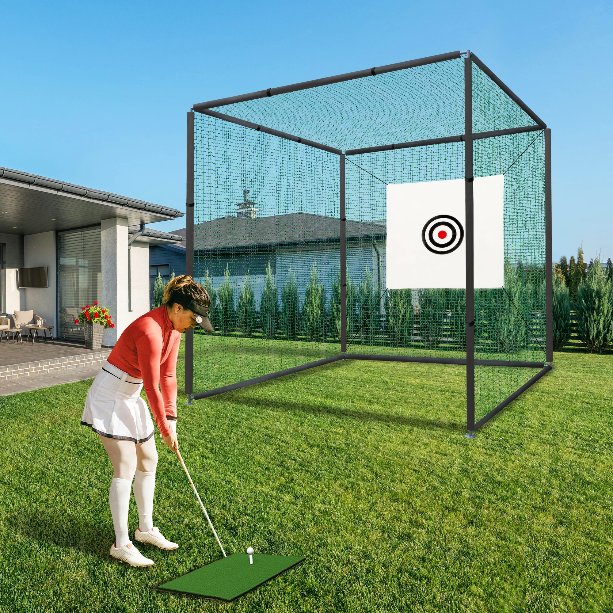 10×10ft Golf Driving Cage with Metal Frame,Triple-Turf Mat and Target Cloth,Driving Chipping Training Swing with Targets Outdoor