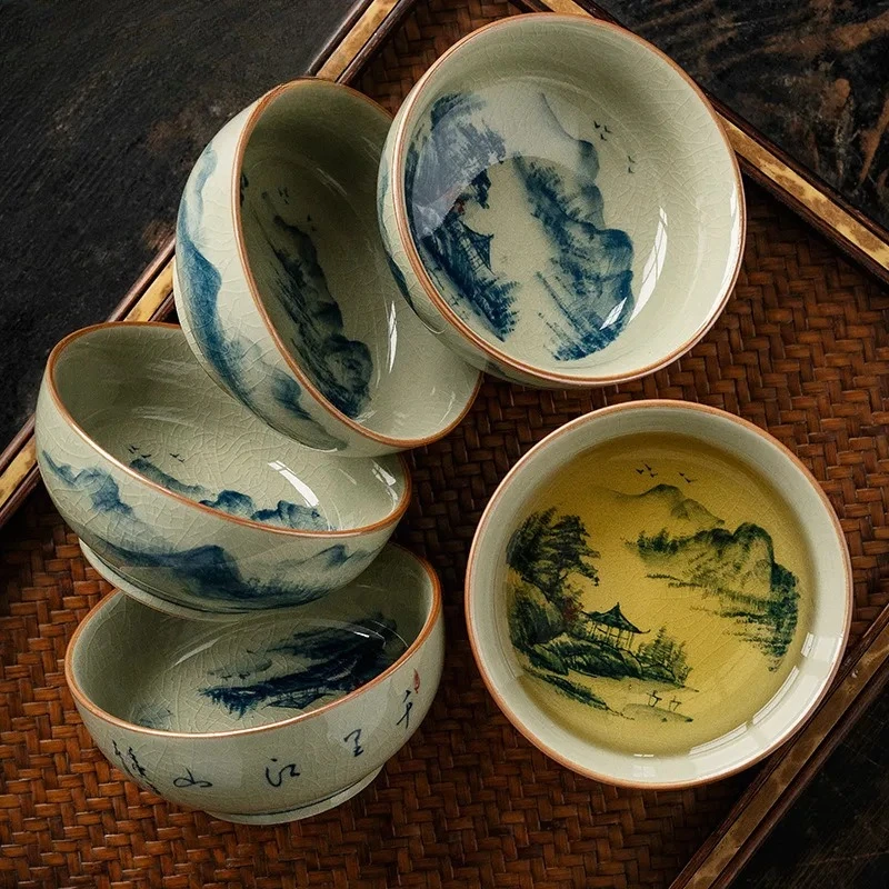 100ML Jingdezhen Old Pottery Clay Pu'er Cup Hand-painted Blue And White Pressed Hand Cup Wood Kiln Landscape Tea Bowl Chazhan