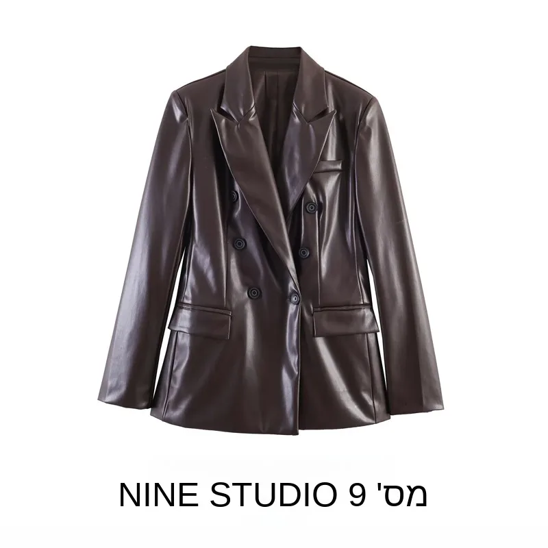 

Casual PU Leather Women's Suit Jacket Double-breasted Long Sleeve Loose Fit Versatile Outerwear by NINE ZAR 3046440