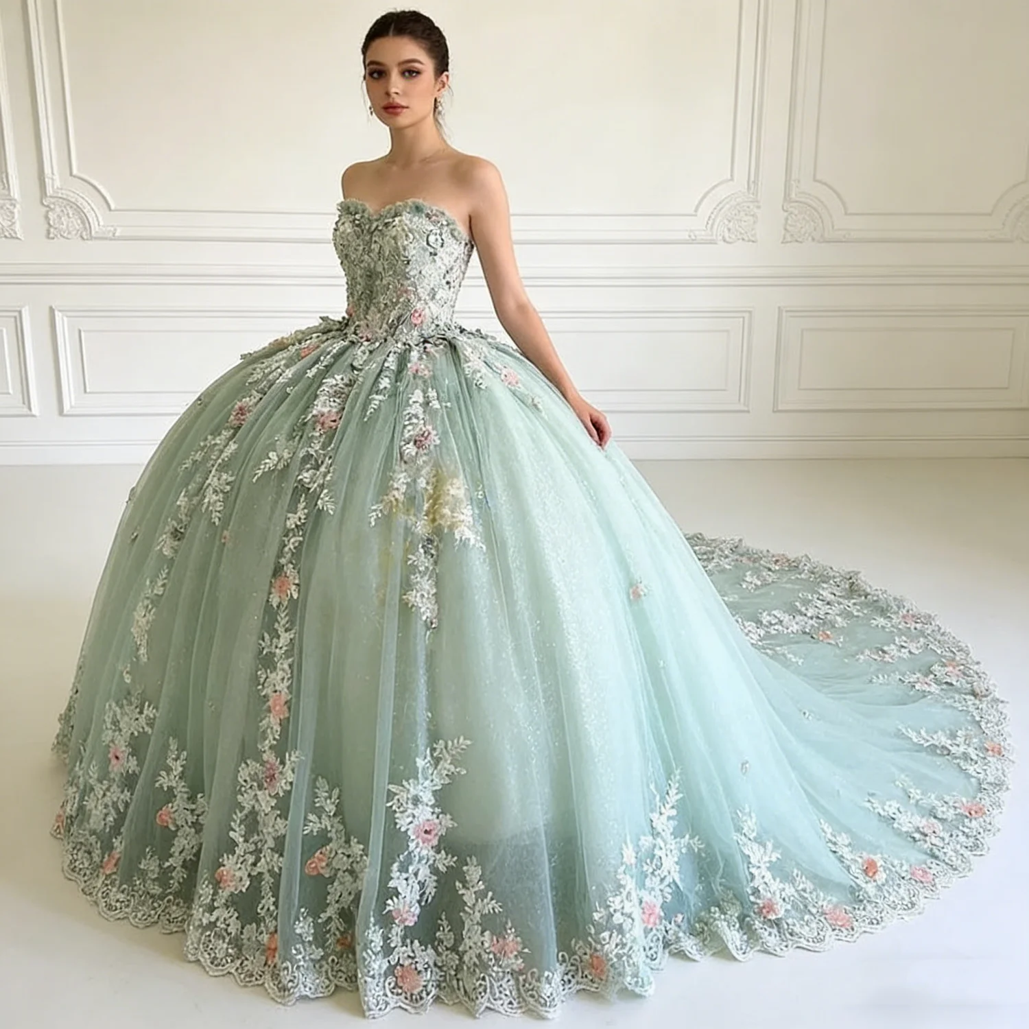 

Elegant Mint Sweetheart Lace Applique Ball Gown Tulle Women Prom Birthday Party Dress Quinceanera Occasion Wear 15 16 Customized