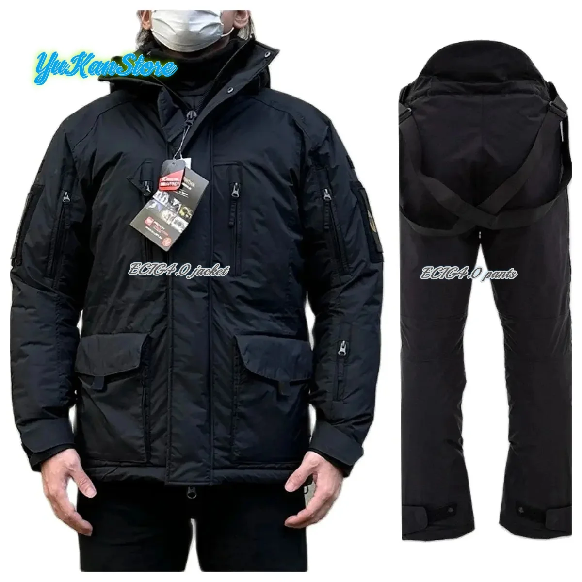 ECIG-Black Polar Combat Cotton Coat, Outdoor Combat, Soft and Warm Jacket, 4.0 Cotton Cold Resistant Pants Set, 4.0