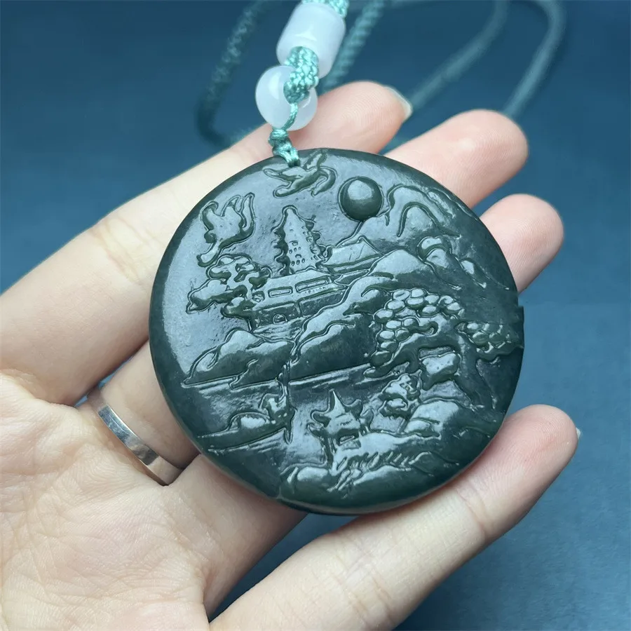 Natural Tower Green Hotan Jade Green Jade Landscape Artistic Conception Round Brand Pendant Men's and Women's Versatile Pendant