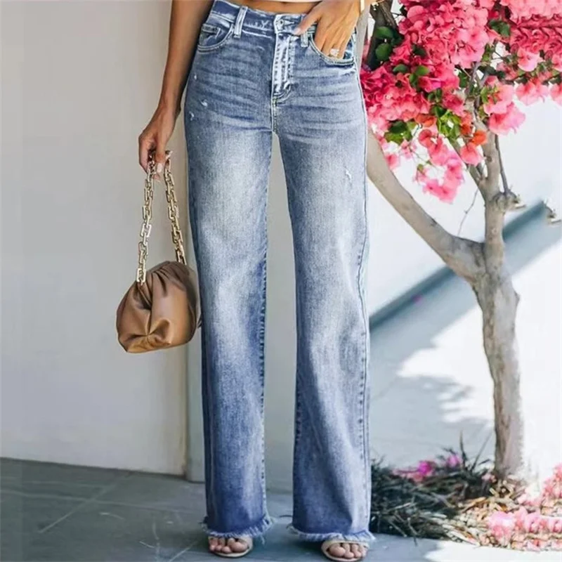 Frauen gebrochene Löcher Micro Flare Jeans weibliche bequeme lässige Jeans hose mit mittlerer Taille wasch bare Hose mit weitem Bein Trend Streetwear