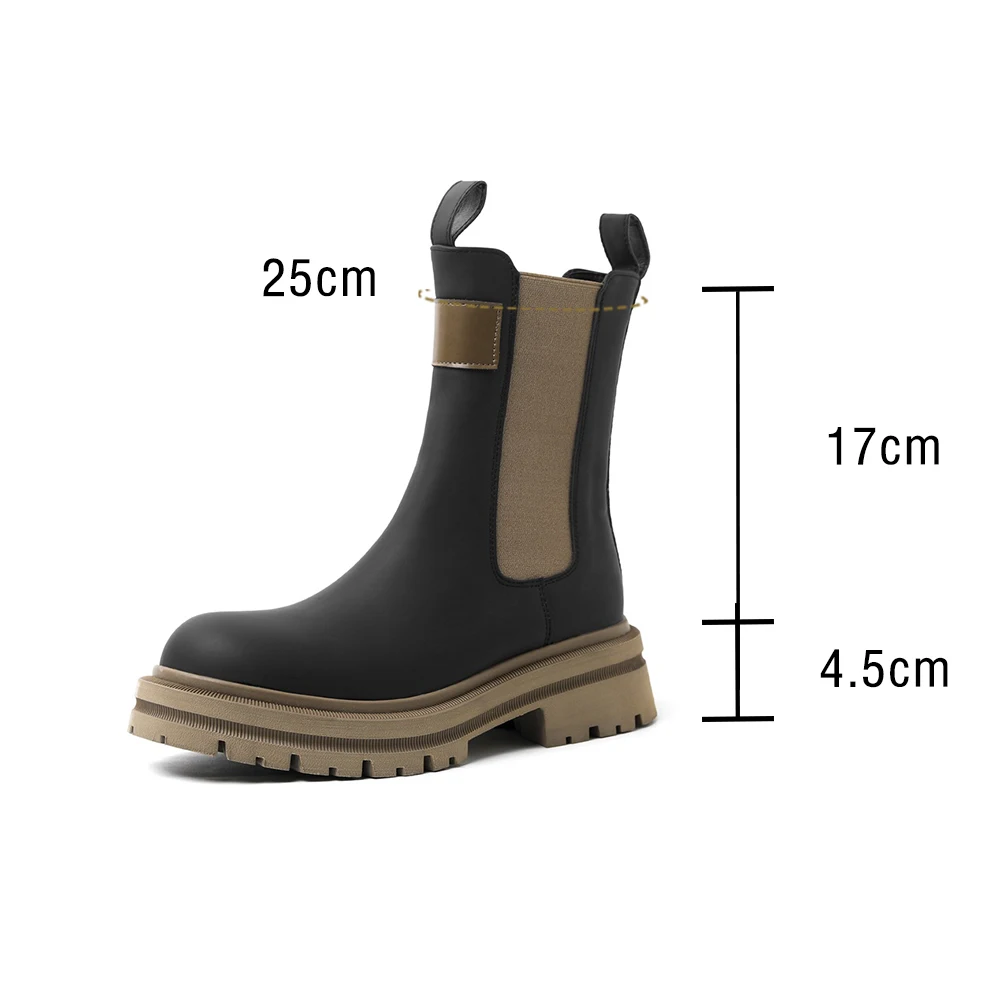 Taoffen Fashion Chelsea Boots Women Cow Leather Round toe Fashion Slip On Thick Sole Block Heel Anti-slip Ladies Ankle Boots