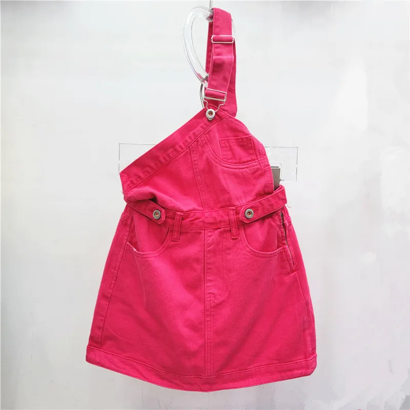 Rose red denim strap short skirt for women Summer 2024 fashionable design one shoulder skirt