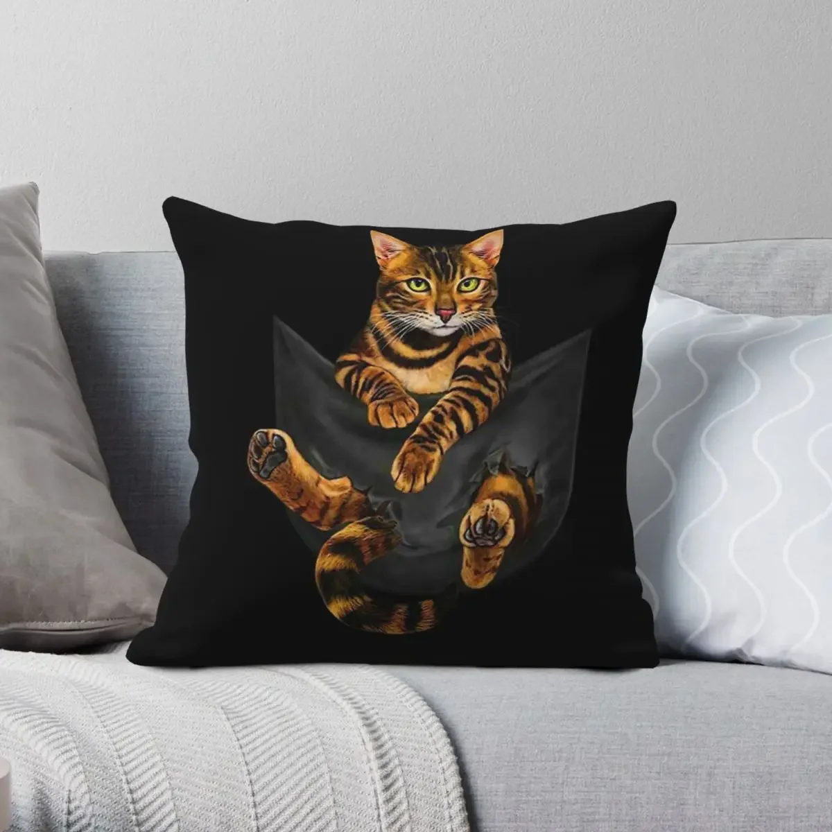 

Cat Bengal Inside Pocket Square Pillowcase Polyester Linen Velvet Printed Zip Decorative Sofa Cushion Cover