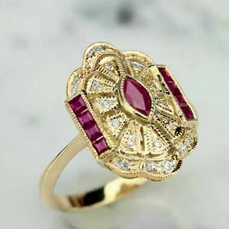 Huitan Gorgeous Red CZ Gold Color Rings for Women Vintage Style Luxury Lady Accessories Party Anniversary Gift Noble Jewelry