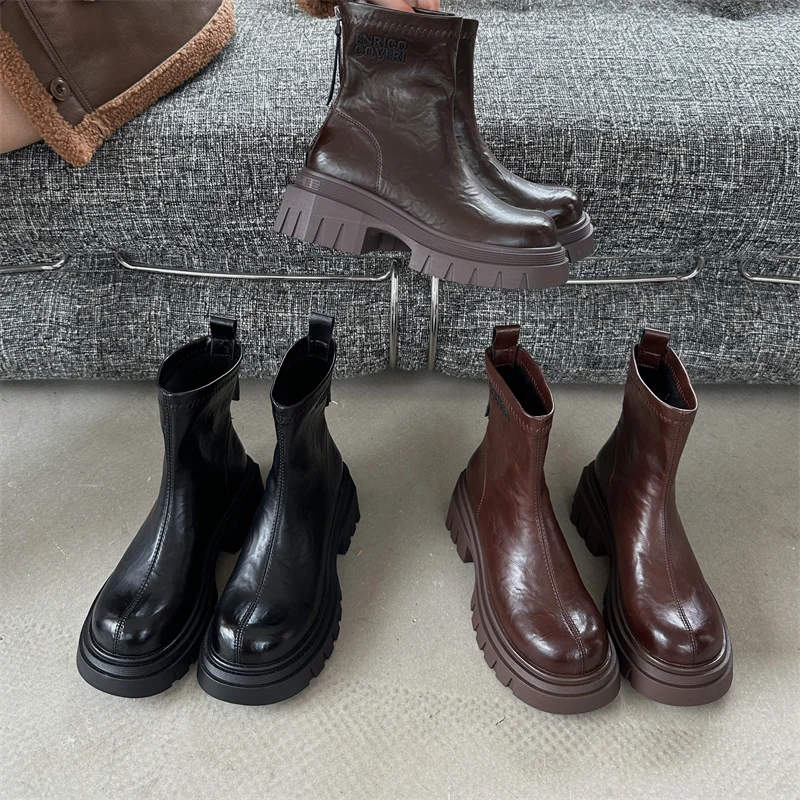 Women Ankle Boots 5cm Chunk Heels Round Toe High Heels Boots For Ladies Punk Fall  Platforms Shoes Black Bottes Talons Femme image 6