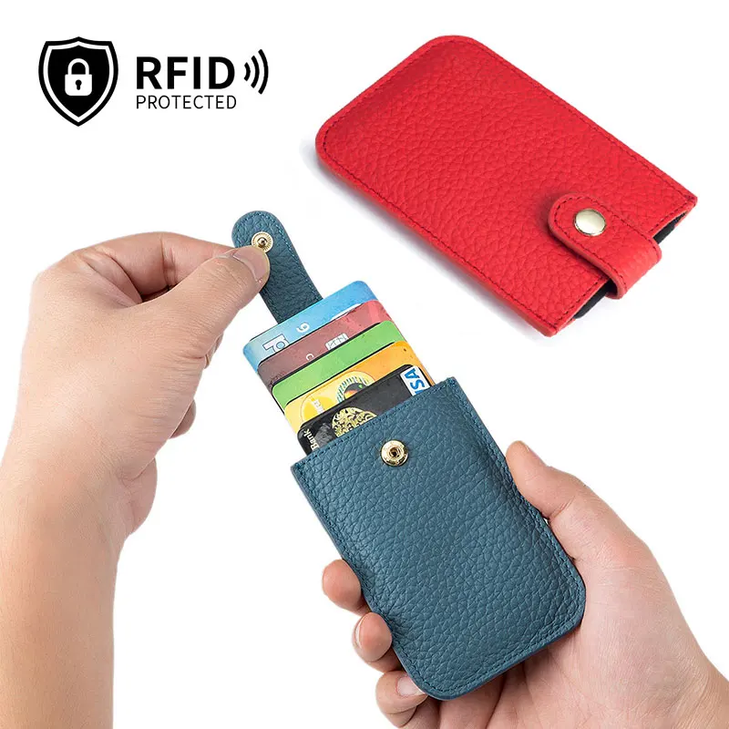 

Тонкий держатель для карт, новый кошелек из натуральной кожи с быстрым доступом, выдвижные карманы для карт, RFID-блокирующий кошелек для кредитных карт для мужчин и женщин