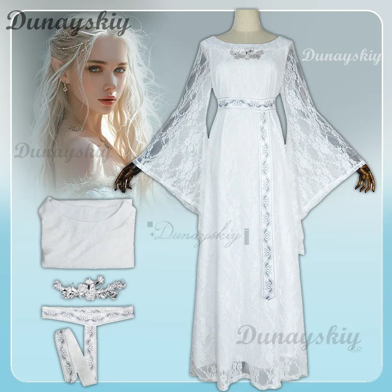 

Элеф Королева Косплей Элегантное Белое Кружевное Длинное Платье Полный Комплект Женщин Хэллоуин Карнавал Вечеринка