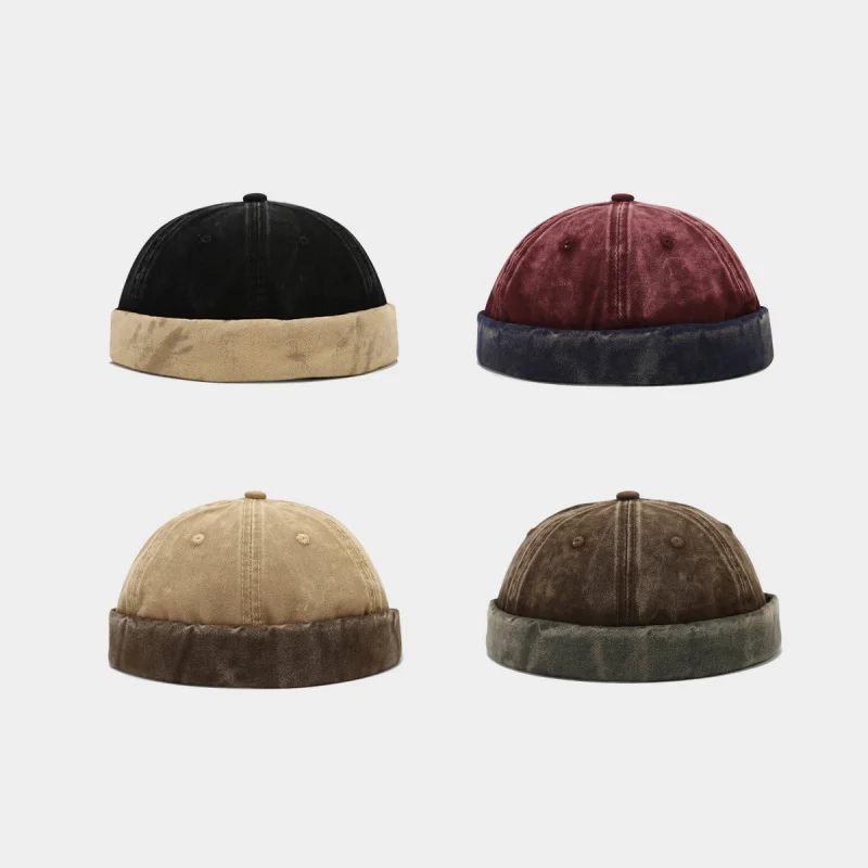 American Retro Patchwork Washed Distressed Landlord Hat Men Trendy Hip Hop Brimless Beanie Women Outdoor Sports Skull Cap