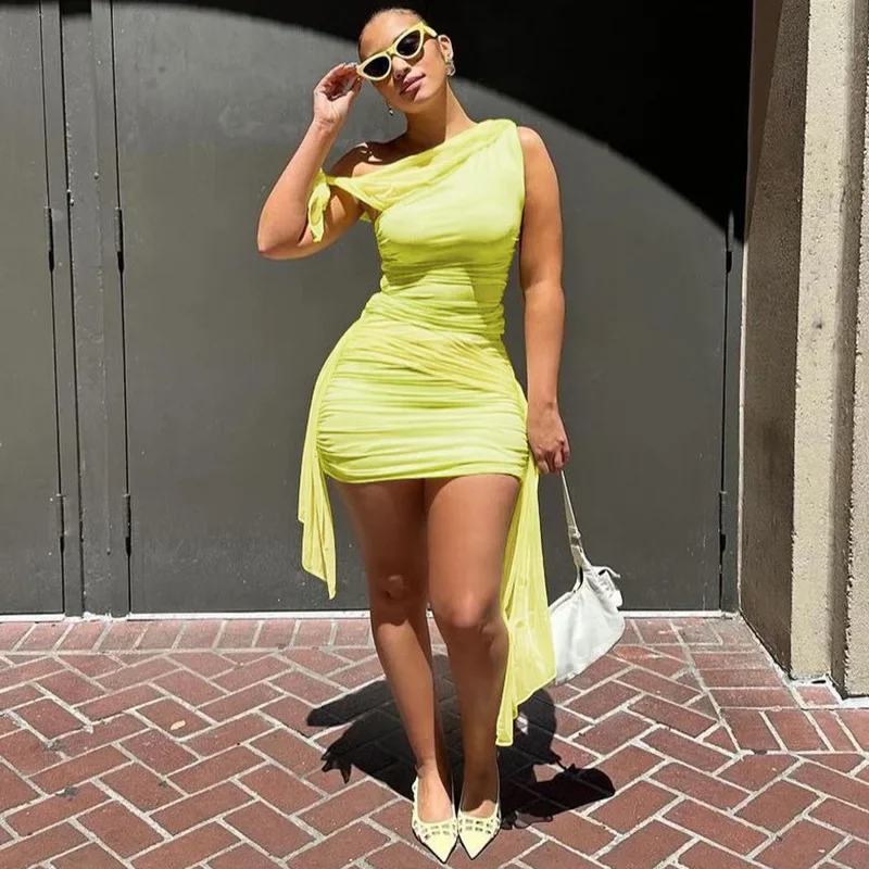 

Women Sexy Ruched Mesh Ribbon Two Piece Set Lace Up One Shoulder Sleeveless Tank Crop Tops Bodycon Mini Skirts Party Clubwear