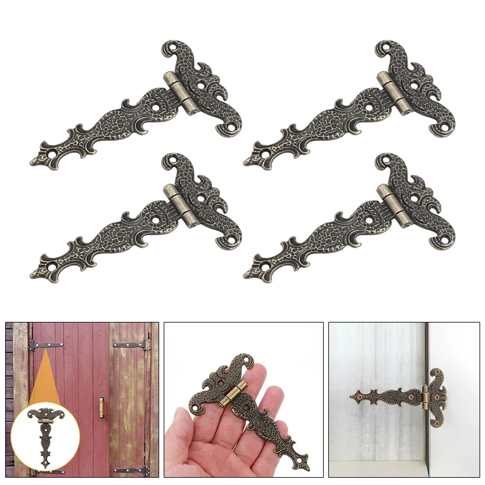 4pcs Vintage T-Hinges For Cabinet Doors Duty Zinc Alloy Strap Hinge 69x113mm With Mounting Screws For Chests And Sheds