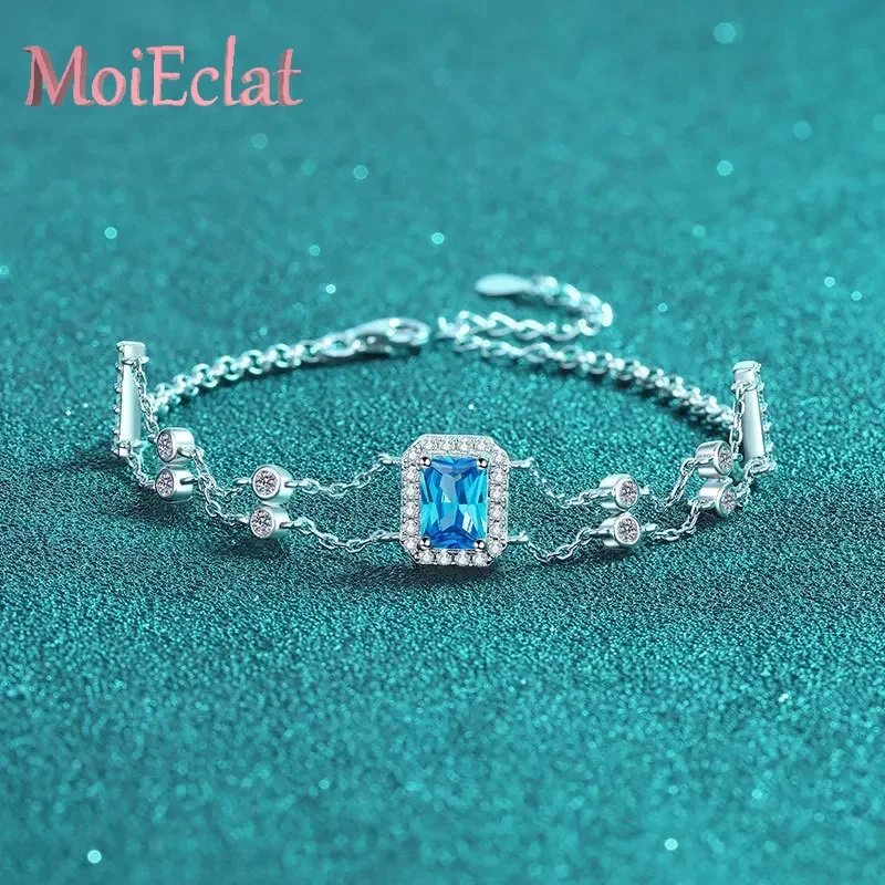 

Luxury Rectangular Chamfer Blue 1ct Moissanite Bracelet, Platinum PT950 High-Quality Elegant Design for Women Wedding Jewelry
