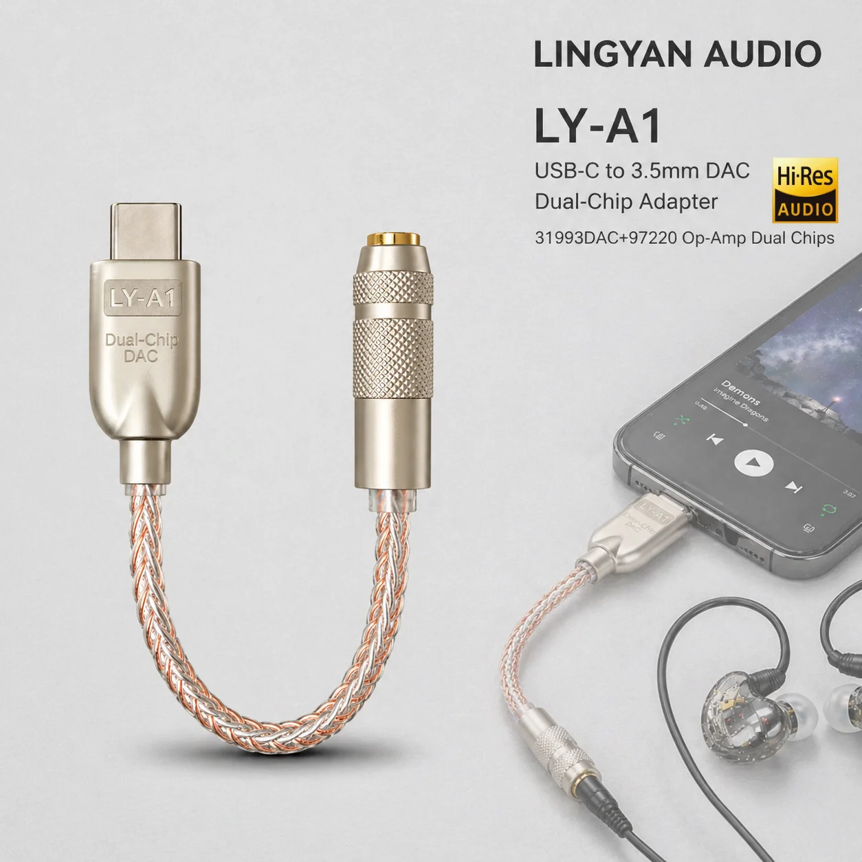 LY-A1 USB-C to 3.5mm DAC Adapter CX31993 MAX97220 Dual Chip Audio Dongle with Mic Control for Phone Laptop