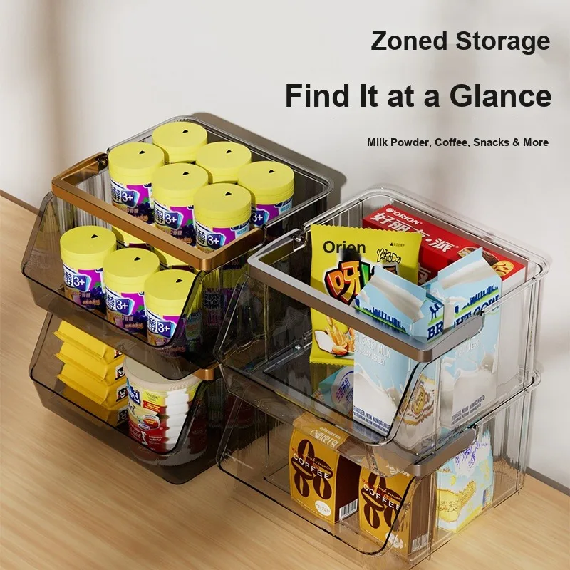 Stackable Front Open Storage Basket, Plastic Desktop Storage Box with Handle, Multifunctional Stackable Portable Storage Box