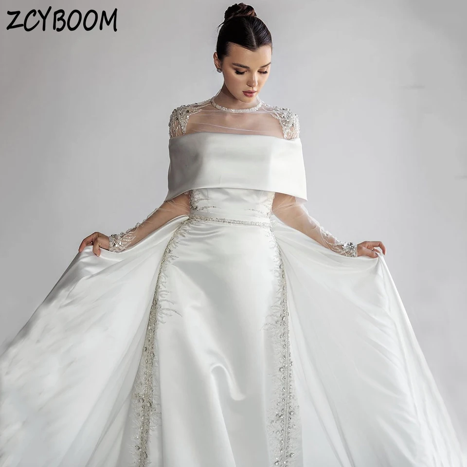 

Luxury White High-Neck Sequin Crystal Long Sleeves Wedding Dress 2024 Mermaid Floor Length Detachable Sweep Train Bridal Gown