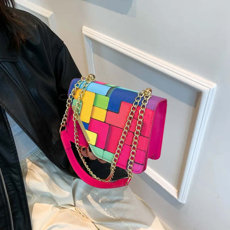 Fashion Chain Shoulder Bag Colorful Block Women\'s Personality 2023 Fashion Underarm Small Square Bag