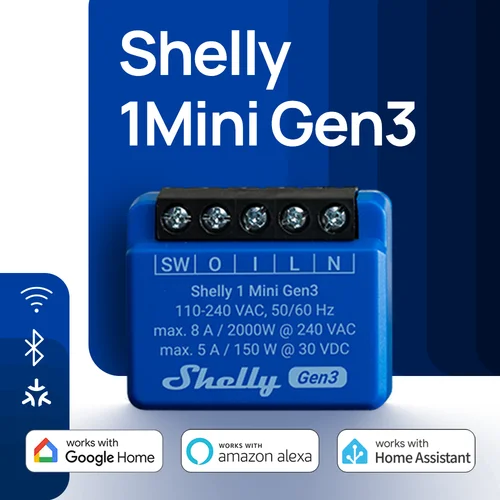 Imagen 1 del producto Shelly 1 Mini Gen3 WiFi interruptor inteligente Matter 8A luces automáticas sistema de riego de puerta de garaje pequeño aparato eléctrico hogar