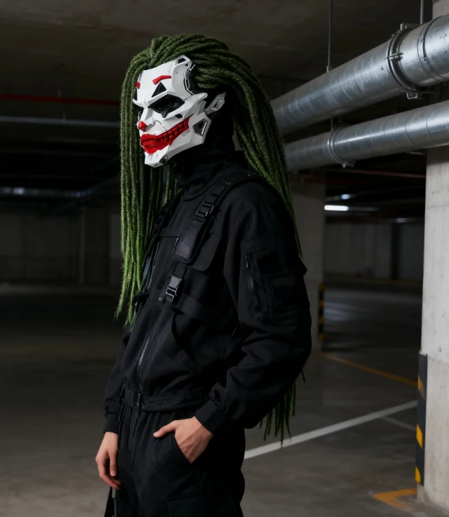 ホラーパンクマスク コスプレ衣装 ヘルメットマスク グリーンのドレッドヘア付き 女性男性用コスチューム小道具 ハロウィンステージイベント用