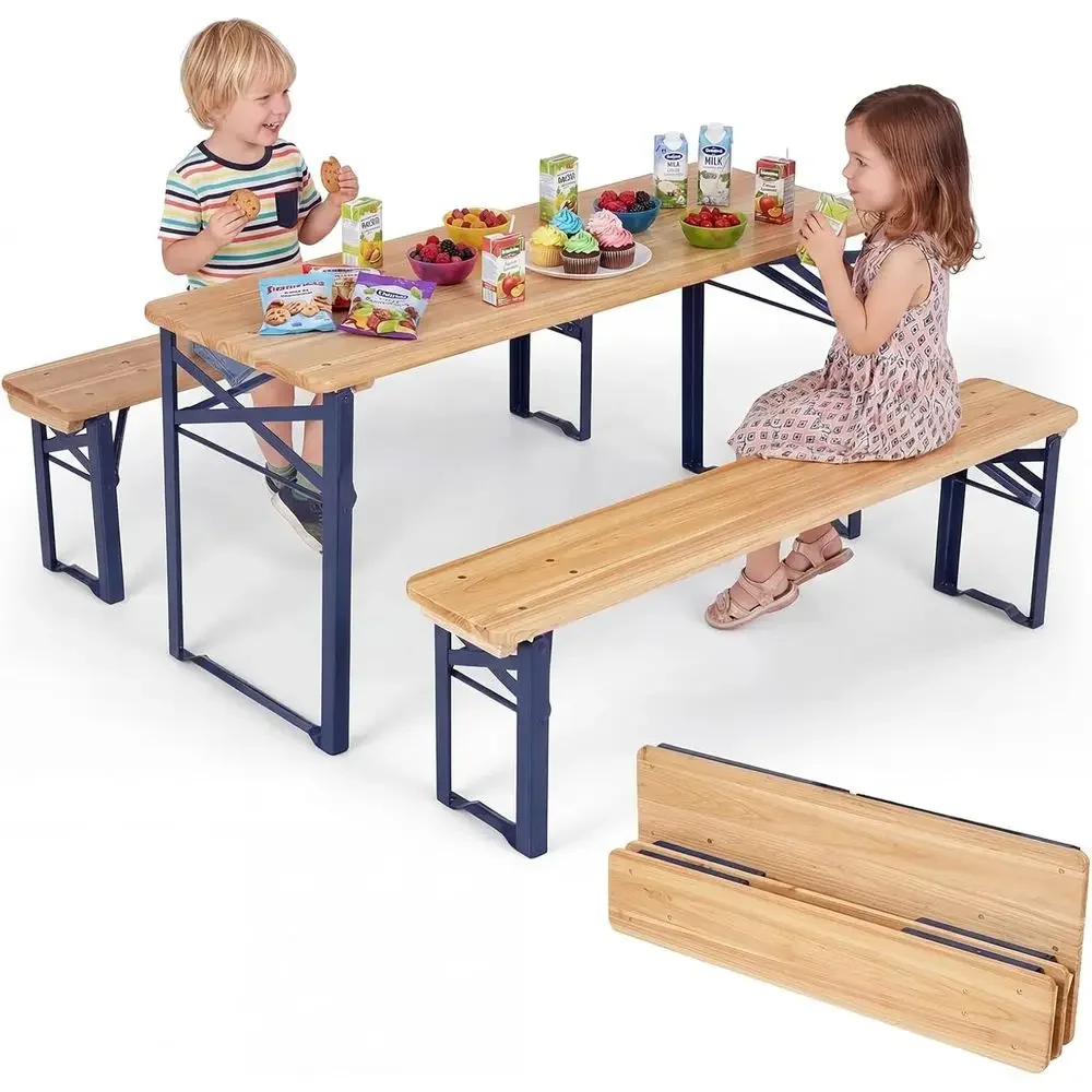 Children's Picnic Set, 43.5 Folding Table with 2 Benches, Real Wood Top & Metal Legs, Ready to Use 3-Piece Outdoor/Indoor Furnit