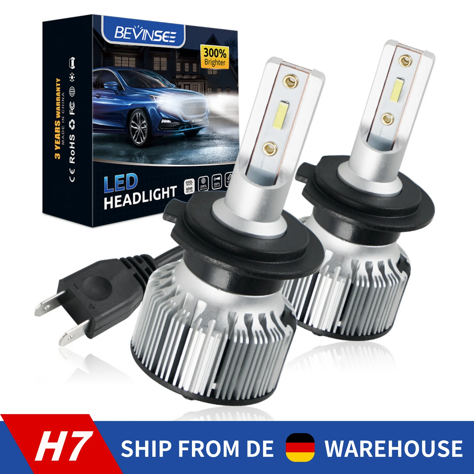 BEVINSEE 2x H7 Headlight Bulbs Mini Size LED Headlamp For Vehicles Brighter Light 60W 10000LM 6000K White Long Lifespan 12V