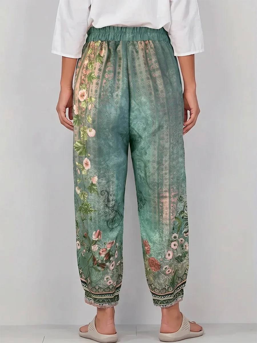 Hose mit hoher Taille, Blumenmuster, weitem Bein, für Damen, lässige, lockere Passform, elastischer Bund mit Taschen, Boho-Stil, unregelmäßiger Saum. – Detail 2