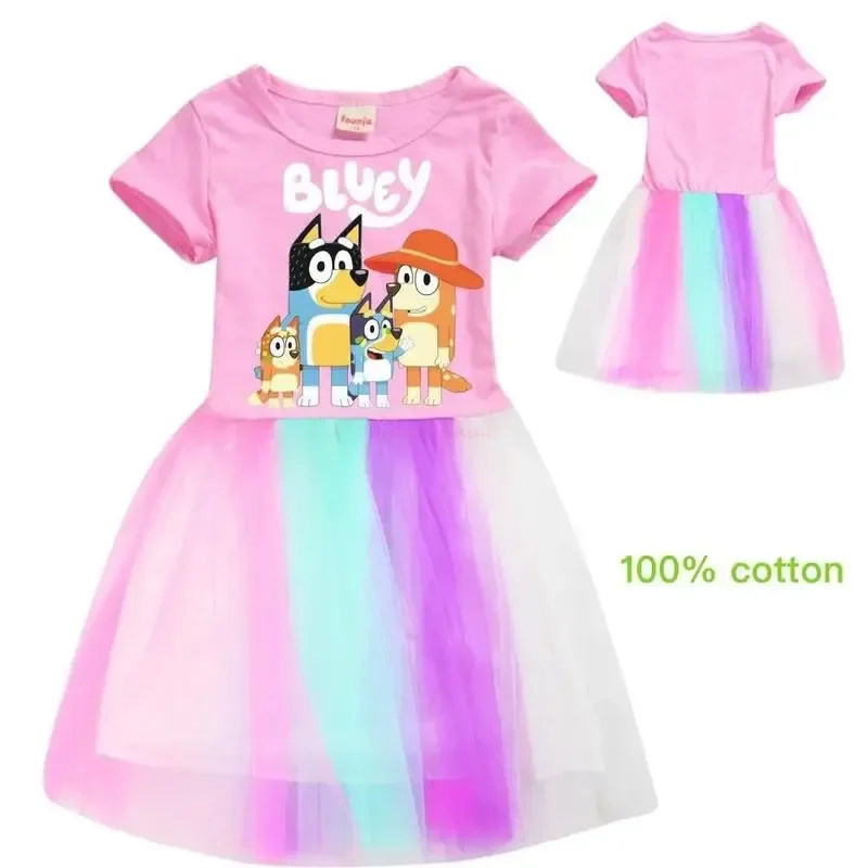 Bluey's New Anime Rainbow Lace Skirt Kawaii Bingo Family Girl Pure Cotton Summer Short-sleeved Pleated Skirt Girl Heart Gift