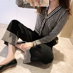 Women's Pants Two Piece Set Sweater Crochet Autumn Knitted Ladies Trouser Winter Lattice Wide Leg Classy Clothing Trend 2024