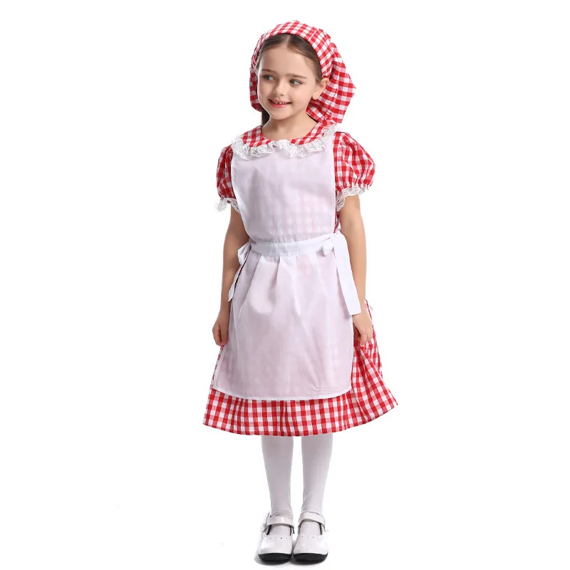

America Last Century Farm Costume Halloween Fairy Tale Cosplay Lace Red Plaid Beer Dress Maid