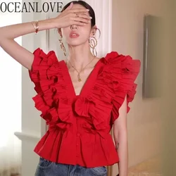 OCEANLOVE Summer Blusas Feminina Solid Ruffles Vintage V Neck Sexy Women Blouses Korean Fashion Elegant Pleated Short Shirts