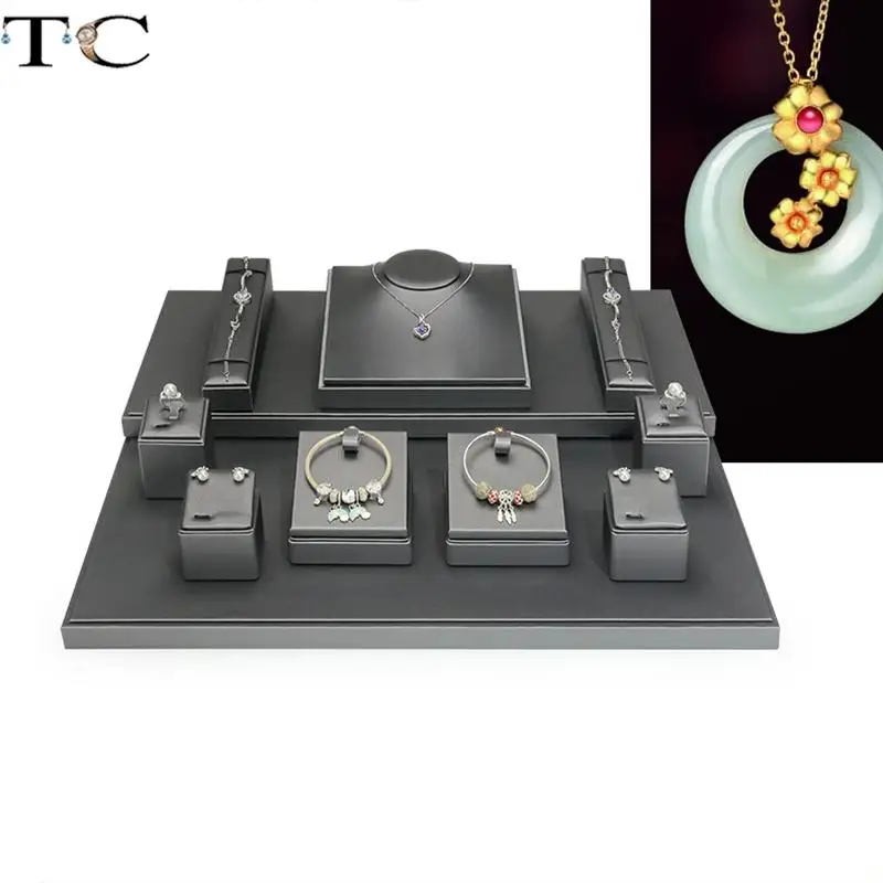 

Dark Gray Brushed Leather Jewelry Display Stand for Rings Earrings Necklaces Pendants Bracelets Storage and Display Stand