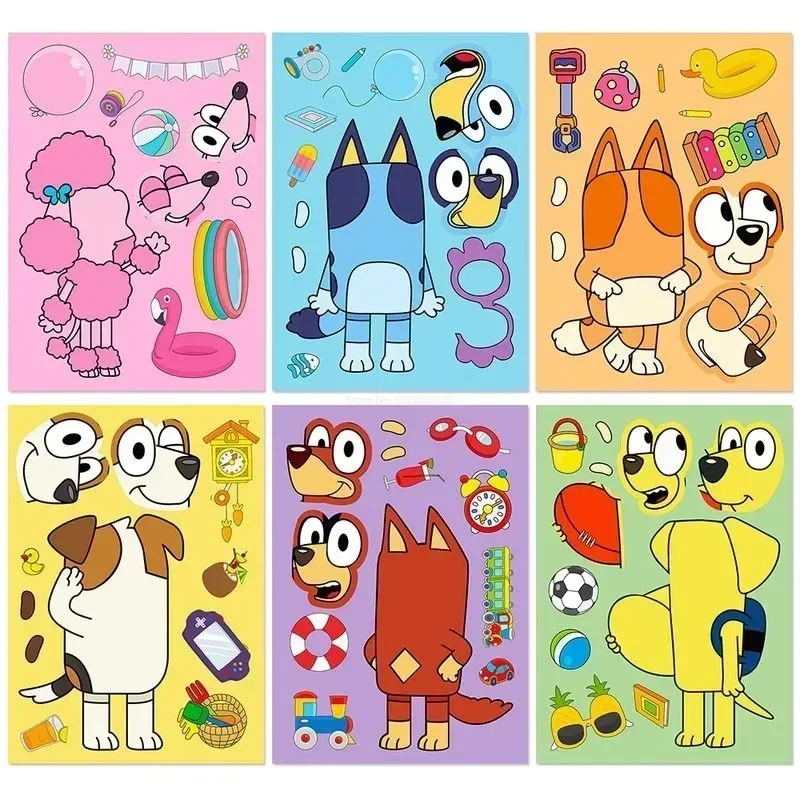 Pegatinas de dibujos animados de la familia Bluey para niños, pegatinas de rompecabezas de dibujos animados bonitos, pegatinas de manual de Color DIY, pegatina de Animal educativo, regalo de juguete, 30/60 piezas