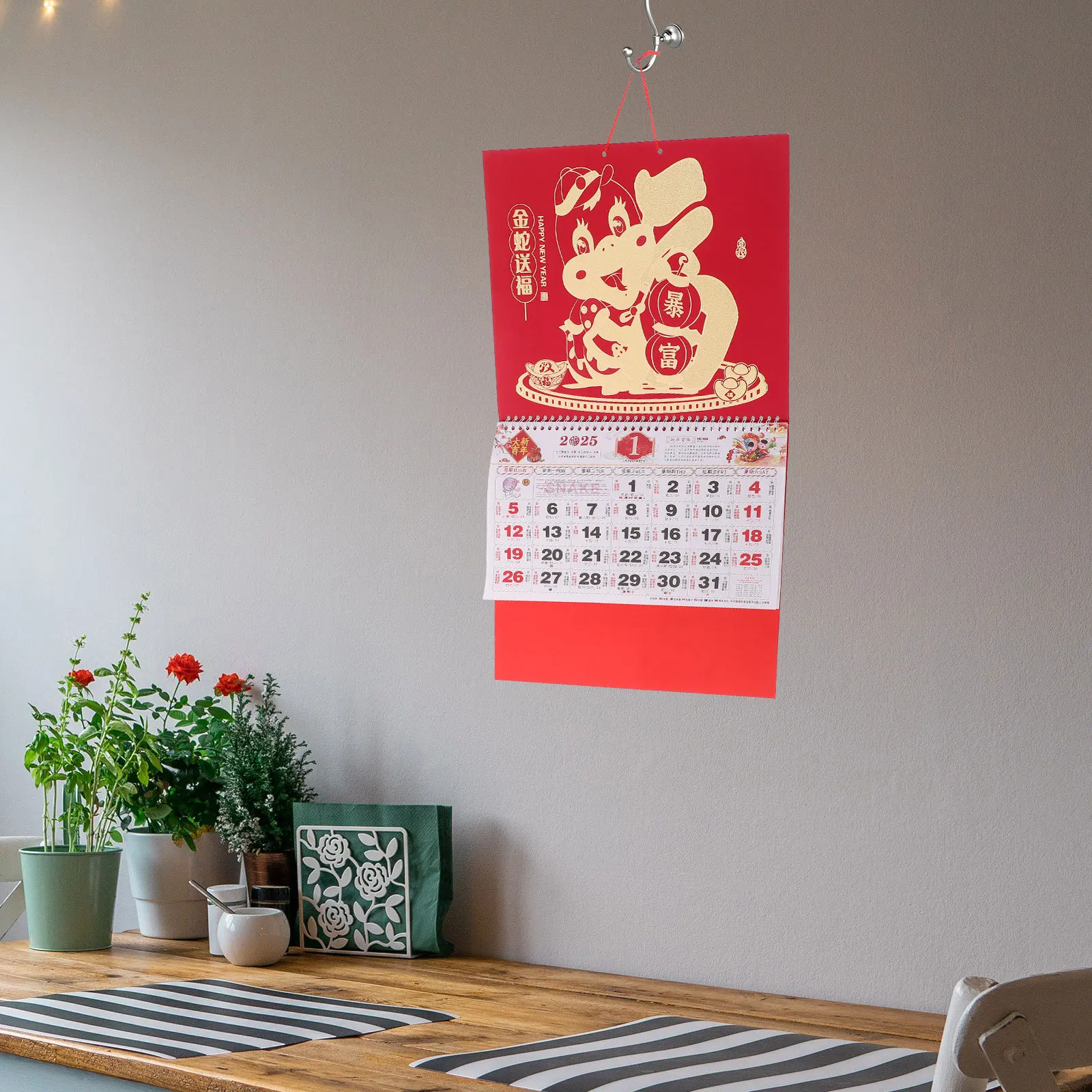 

Chinese Style Wall Calendar 2025 Large Dual-Color Red Gold Fu Character Year of Snake Hanging Calendar Lunar New Year Planner
