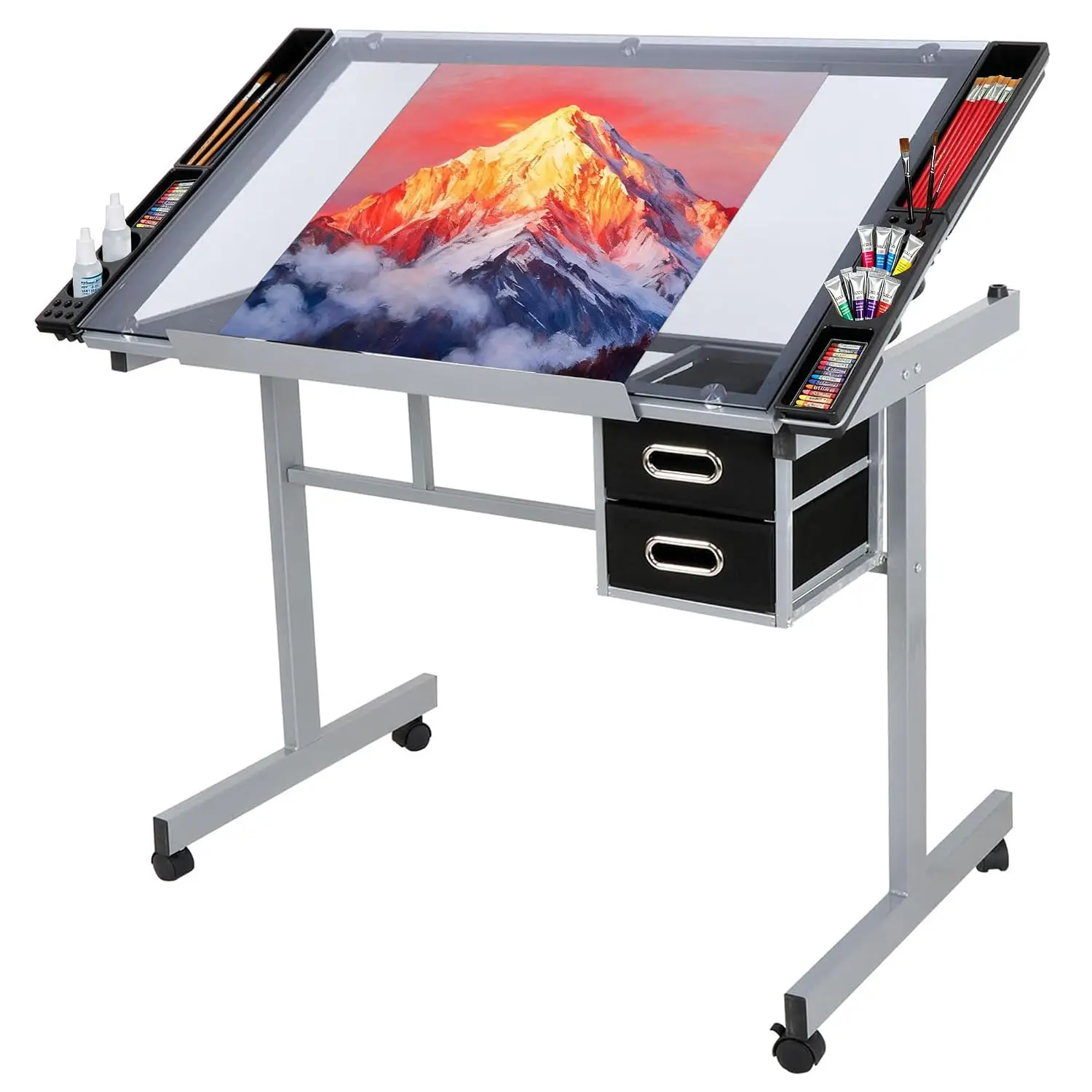Adjustable Drafting Table Art Desk Drawing Table Versatile Art Craft Work Station Glass Tabletop w/2 Slide Drawers, Customized