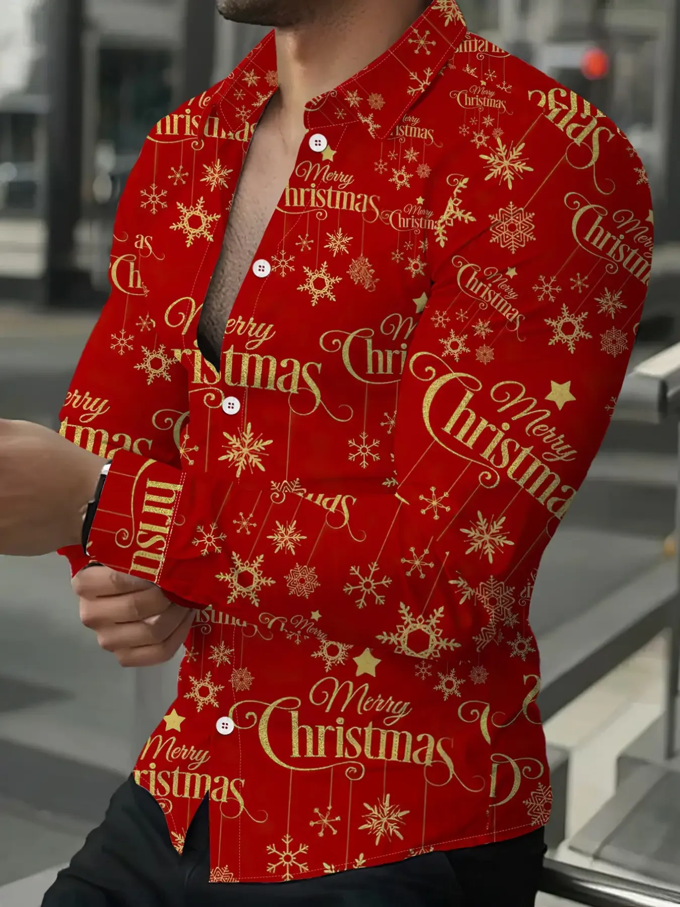 

2026 new men's Christmas themed digital printed long sleeved shirt with fashionable holiday atmosphere design