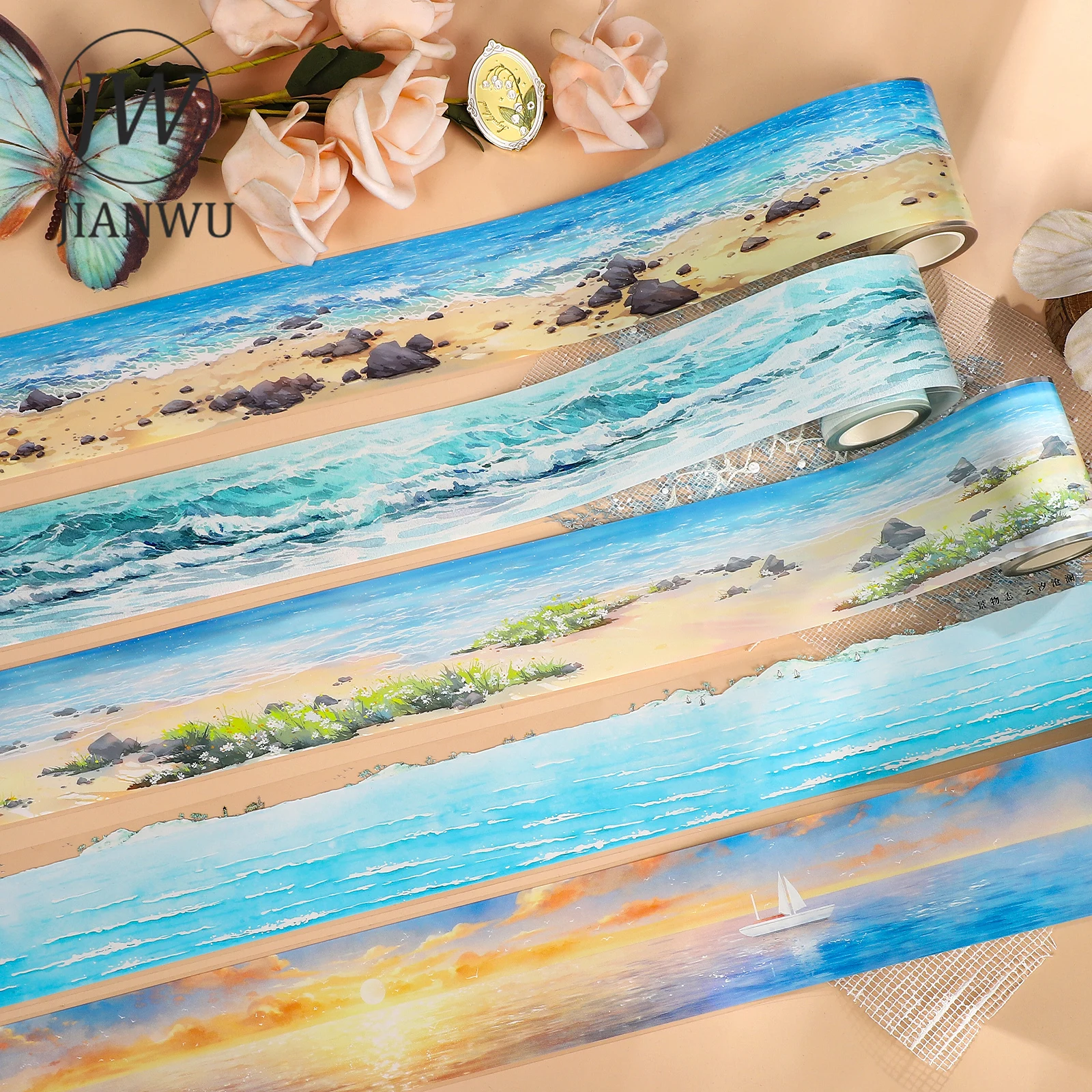 JIANWU Vintage Morze Plaża Zachód Słońca Krajobraz Materiałowy Kolaż Scrapbook Taśma PET Kreatywne DIY Dziennik Artykuły Papiernicze