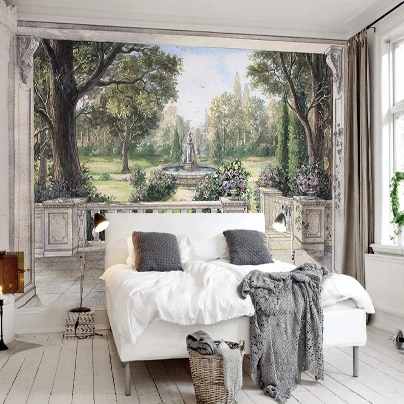 Customized Mural Wallpaper Hand-Painted Watercolor Garden Fountain Landscape for TV Background Wall Living Room Decor