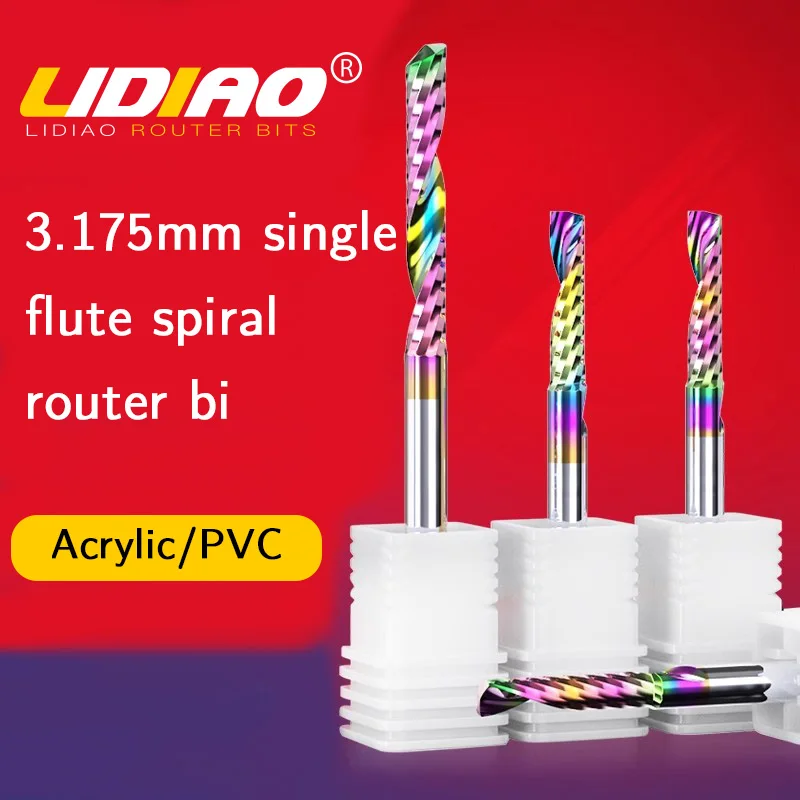 

LIDIAO Single Flute Spiral End Mill 3.175mm Engraving Bit Acrylic Cutting Tool CNC Engraving Tools Color Coating Router Bit