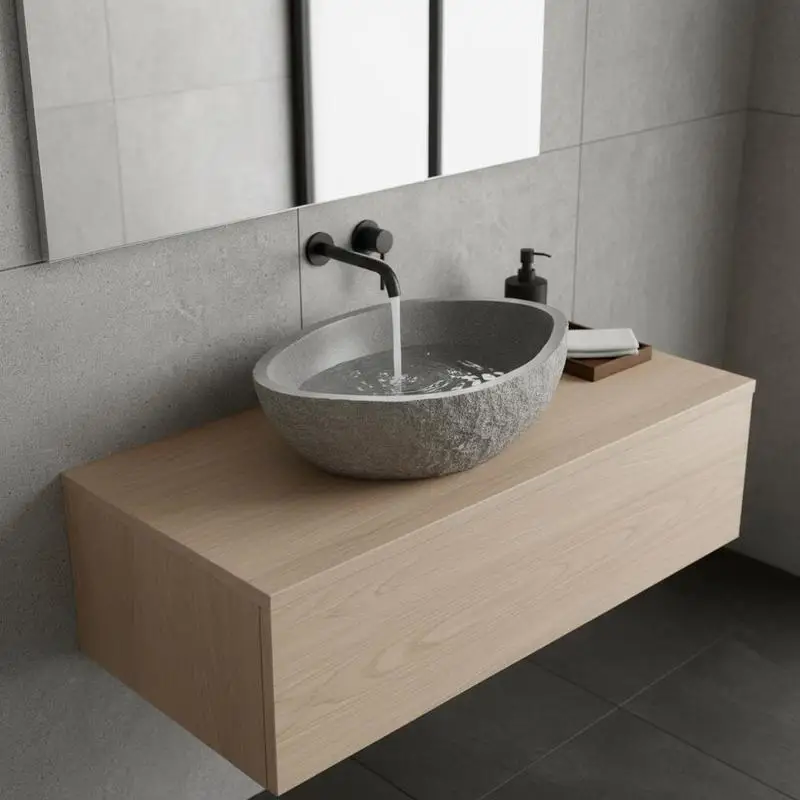 Lavabo ovale en pierre naturelle de rivière 37–46 x 29–36 cm, lavabo surélevé en véritable pierre de rivière pour salle de bain et toilettes invités, finition personnalisée en pierre naturelle avec surface lisse, design spa moderne pour la rénovation de salles de bain d'intérieur nordique et appartements.
