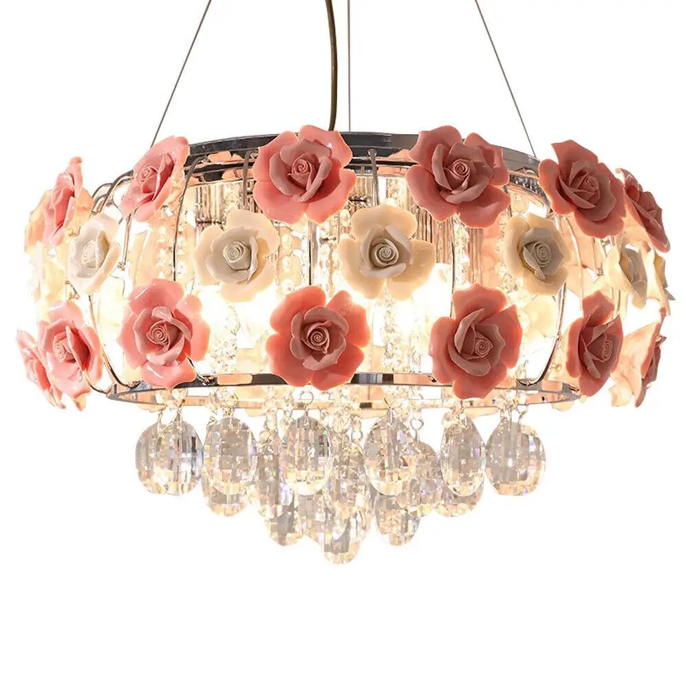 

Modern Pink Crystal Chandelier Romantic Rose Flower Ceiling Lamp Pendant Light Girl Room Luxury Princess