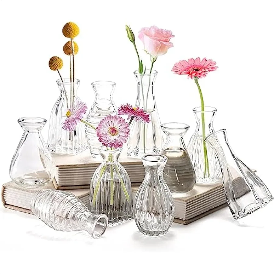 

10 Pack Small Glass Bud Vase Mini Flower Vase for Centerpieces Clear Vintage Floral Bud Vases for Home Decor Weddings Floral Ar