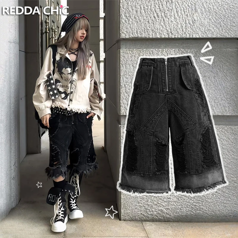 Bermuda Jeans Feminina REDDACHiC Desfiada Estilo Boyfriend Cintura Baixa com Barra Desfiada Folgada Hip Hop Grunge Streetwear